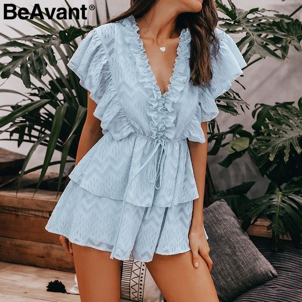 

beavant v-neck ruffle elegant women rompers summer combishort high waist female jumpsuit casual ladies short overalls playsuit, Black;white