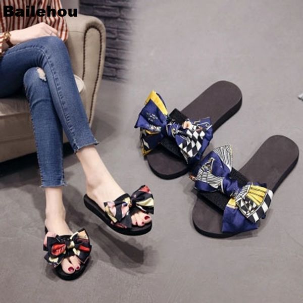

bailehou women brand slippers fashion slik bow slides butterfly-knot slipper platform sandals beach flip flops flat casual shoes, Black