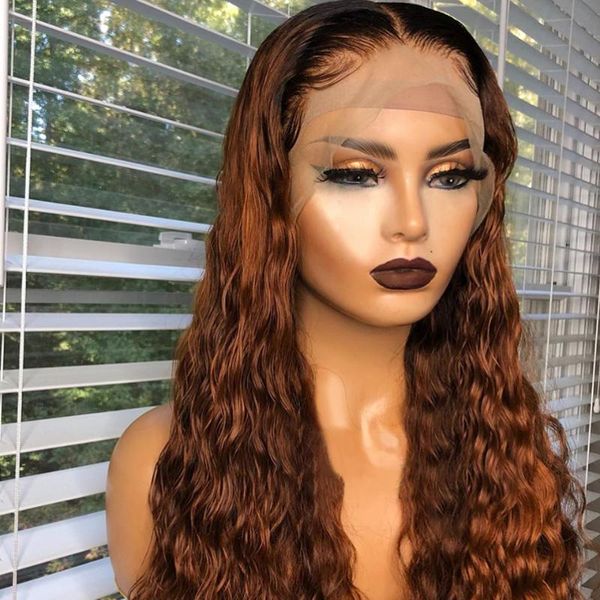 

t1b / 27 цветные ombre фронта шнурка человеческих волос парики волна воды парики 13x4 с ребенком волос natural hairline 130% remy бразильца, Black;brown