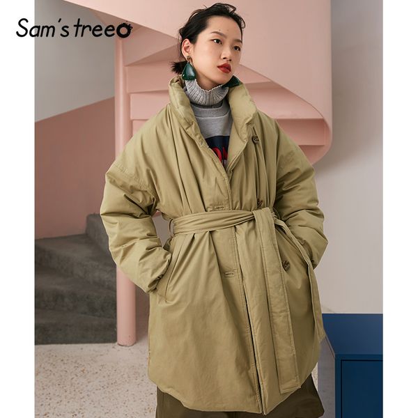 

samstree winter women 90% white duck down coats waist belt simple loose female long coat stand collar snow wear parka, Black