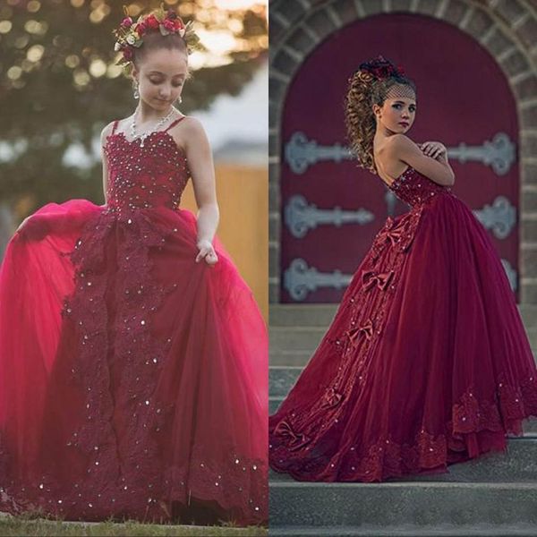 

burgundy lace girls pageant dresses lace appliques crystal beading spaghetti straps chlids bow tulle long formal kids prom communion gowns, White;red