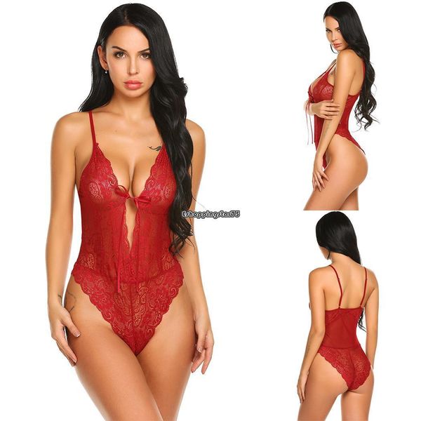 

women see through deep v neck lace lingerie babydoll bodysuit #r45, Red;black