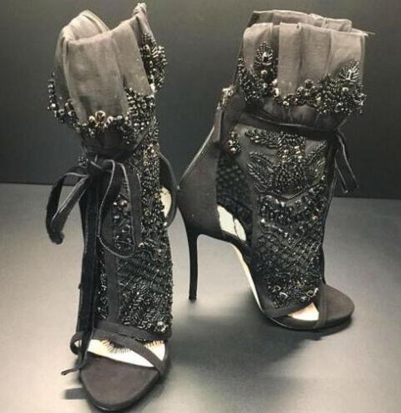 

2018 elegant black lace women peep toe ankle boots ankle bandage boots luxury black crystal cover ladies lace up high heel