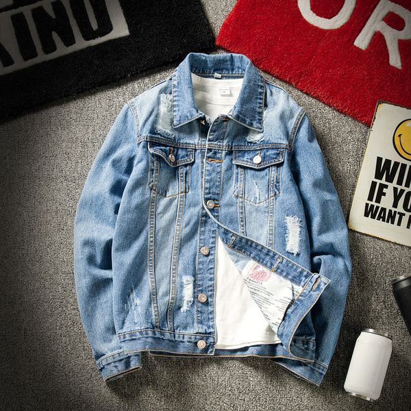 

2019 hole denim jacket male korean version of the trend large size harajuku wind jacket male, Black