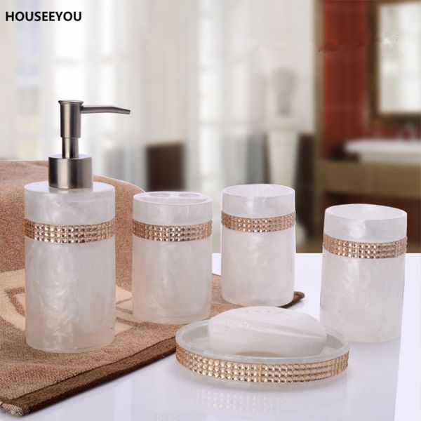 

european beautiful inlaid stones 5pcs resin bathroom accessories set gift soap dispenser/toothbrush holder/tumbler/soap dish gol