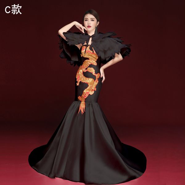 

elegant black cheongsam chinese style clothing novelty long stage party show dress fishtail trailing robe de soiree, White;black