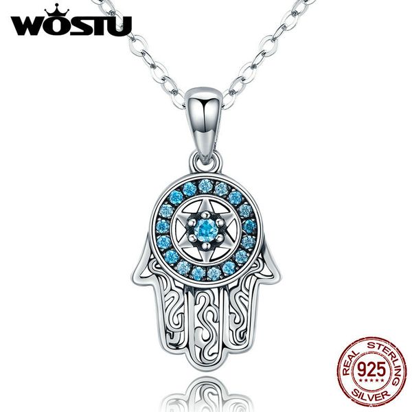 

wostu real 925 sterling silver hand of fatima hamsa pendant choker necklace for women fashion bijoux jewelry gift cqn264
