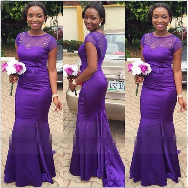 

2019 purple african mermaid bridesmaid dress sheer neck satin maid of honor dresses long formal evening gowns party dress sweep train, White;pink