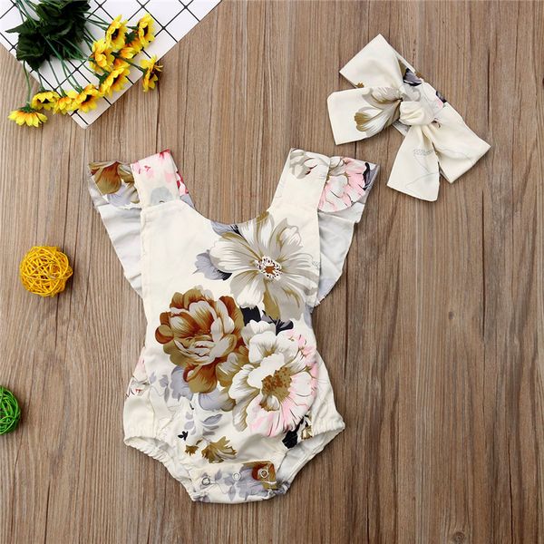 

Baby romper jump uit floral print backle leevele ruffled girl romper headband 2pc et in 2019 ummer infant kid clothe a32105