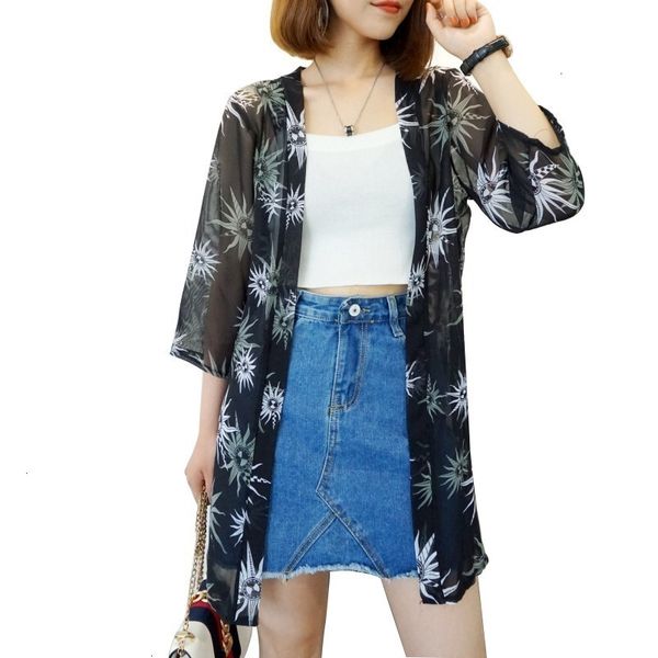 

womens chiffon blouses summer blusas women kimono cardigan casual loose shirts bohemian floral printed long outerwear plus size, White