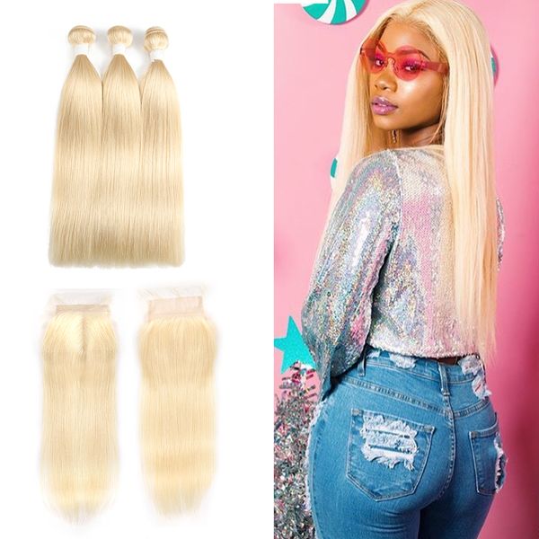 

бразильское виргинские выдвижения волос 613 # blonde straight человека связки волос с 4x4 lace закрытие 3pieces / много прямых волос ткет за, Black;brown