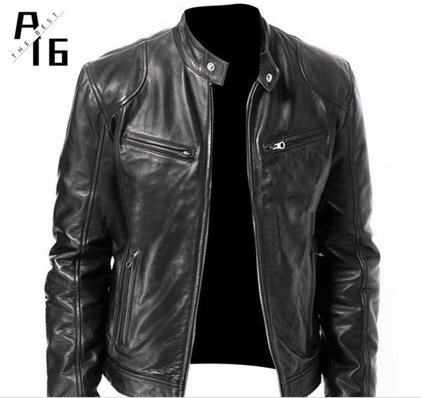 

a16 men's leather jacket men's motorcycle jacket winter imitation locomotive pu stand collar zipper leather, Black