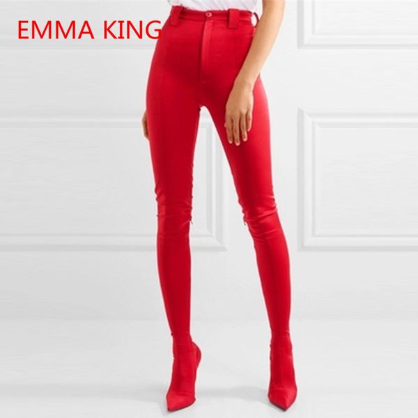 

2018 new arrival red pants thigh high boots women pointed toe stilettos elastic sock waist bootcuts high heel shoes woman, Black