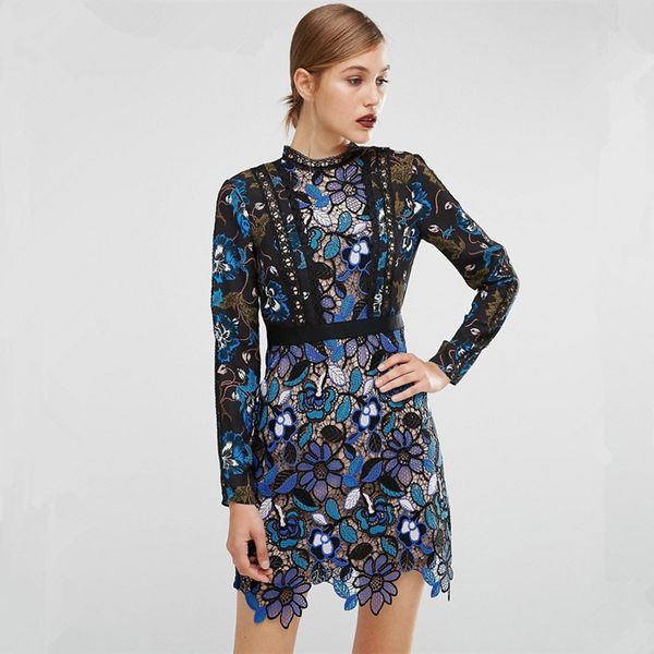 

2019 vintage women fashion blue lace runway party dresses long sleeve hollow out leaf a-line knee-length dress, Black;gray