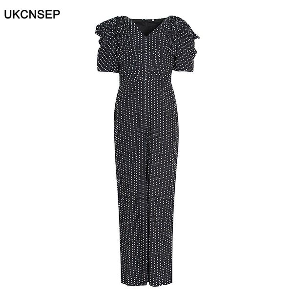 

ukcnsep 2020 spring new hit color polka dot jumpsuit for women v neck ruched short puff sleeve high waist jumpsuit female, Black;white