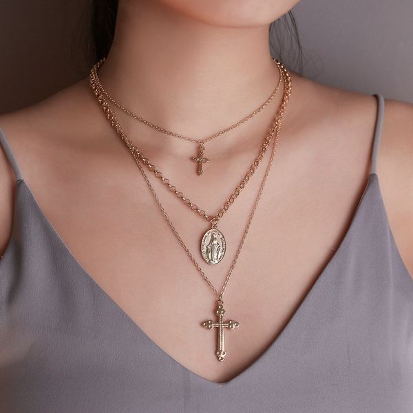 

fflacell нового ретро преувеличенного ожерелий punk metal многослойного крест ожерелье иисуса для женщин девушки подарков партии ювелирных и, Golden;silver