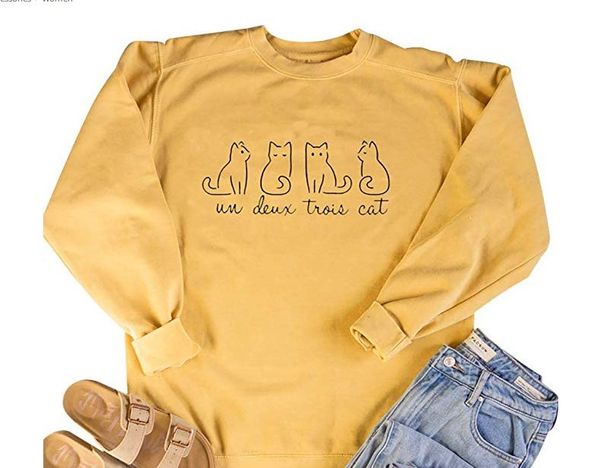 

round neck cotton sweater un deux cat european and american fashion lettered sweater, Black