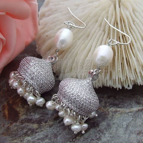 

e082515 white pearl earrings cz fitting, Silver