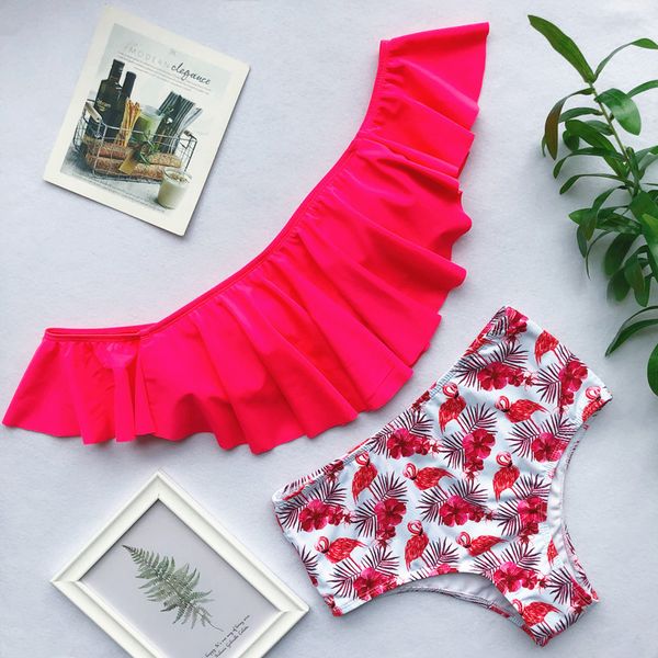 

red birds print swimwear for women and men 2019 new ruffle bathing suits high waist bikini set men's swim trunks swimsuit