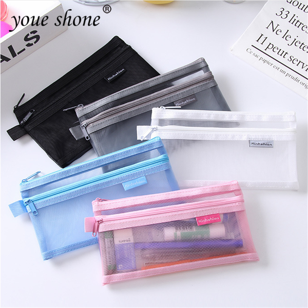

1pcs simple transparent mesh pencil case stationery double-layer mesh large capacity student pencil cases office school supplies