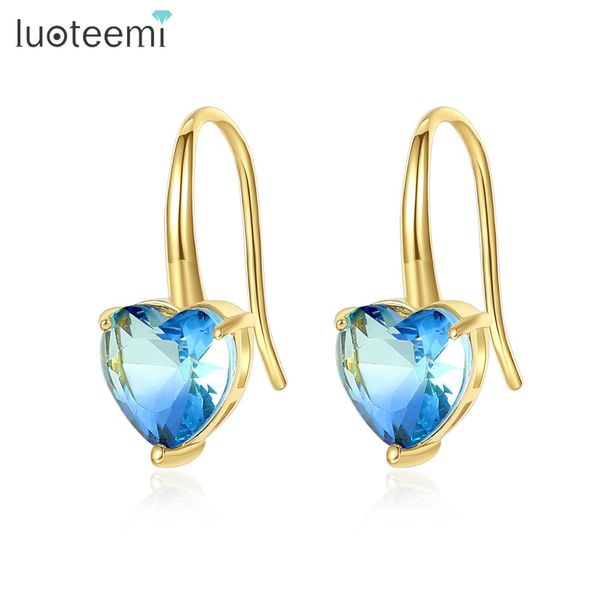 

luoteemi simple romantic heart shape stud earrings for wedding party paved blue or red cubic zircon fashion jewelry brincos gift, Golden;silver