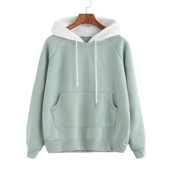 

romwe pale green patchwork hoodie women raglan long sleeve cute contrast hooded sweatshirt fall pocket drawstring hoodies casual, Black