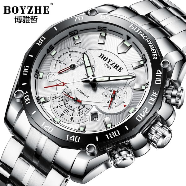 

boyzhe brand mens wristwatches automatic mechanical stainless steel man watches waterproof multifunction business male clocks, Slivery;brown