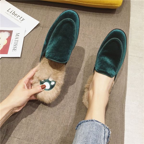 

furry slippers women 2019 new gold velvet low-heeled fur toe cap half slippers, Black