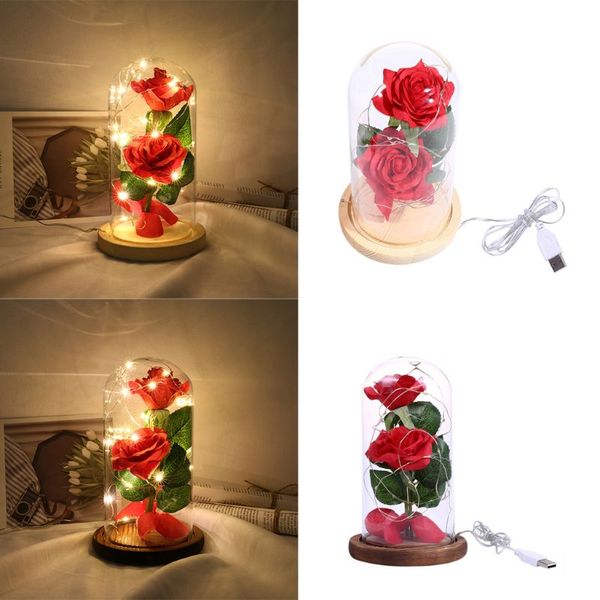 

desk ornaments handmade rose decoration light gifts party anniversary glass dome romantic wooden base home decor usb led l
