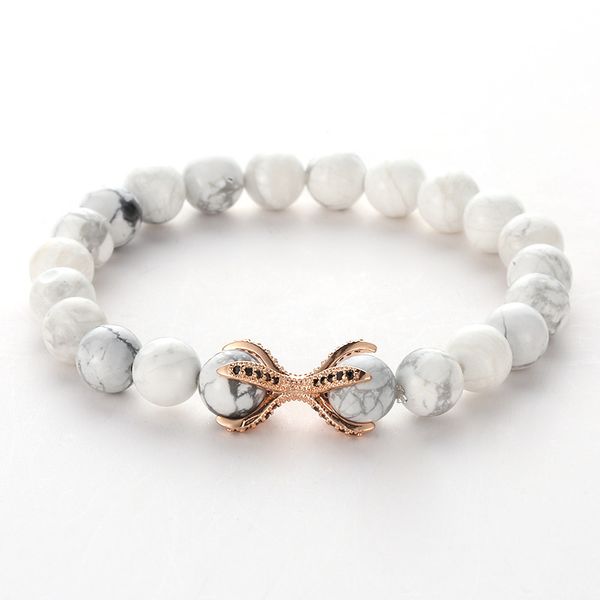 

men women jewelry bracelet 8mm natural white pine stone elastic beads bracelet micro inlaid black zircon four angle claw jewelry