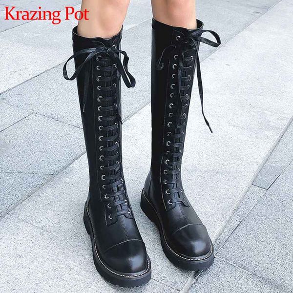 

krazing pot 2019 winter round toe cow leather superstar keep warm big size low heels rivets lace up riding thigh high boots l0f1, Black