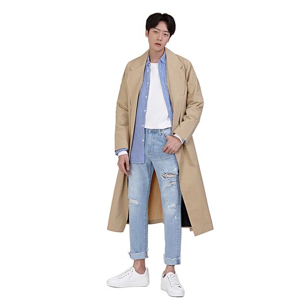 

japan style turn down collar long sleeve loose men trench coat 2018 casual youthful cotton lapel male windbreaker -2xl, Tan;black