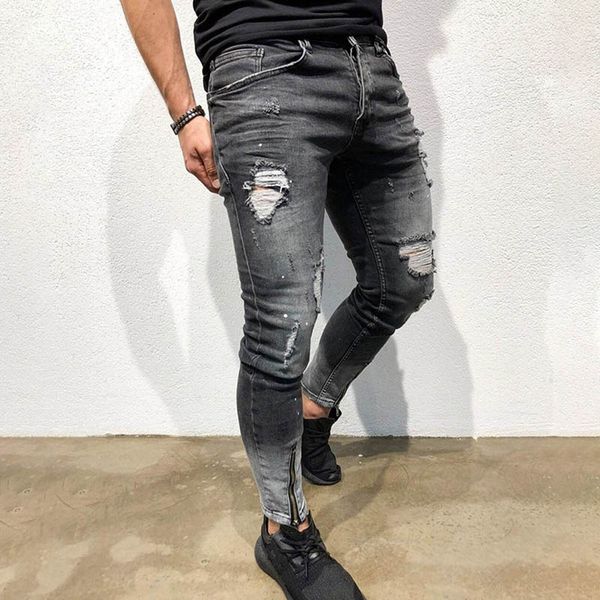 

men jeans stretch destroyed ripped design black pencil pants slim biker trousers hole jeans streetwear swag pants, Blue