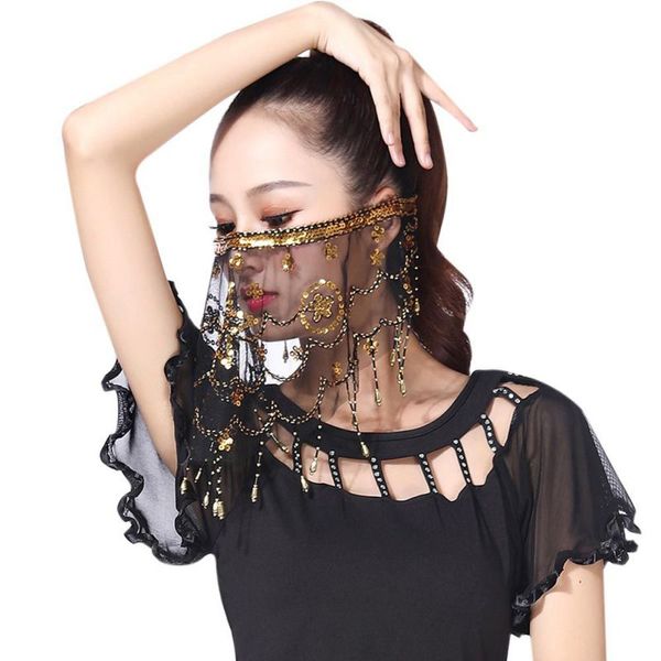 

women belly dance tribal face veil with halloween costume accessory with sequins for women dance wear, Black;red