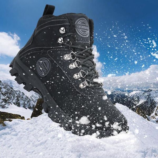 

men's winter plus velvet warm leather cotton casual sneakers outdoor hiking shoe, Black