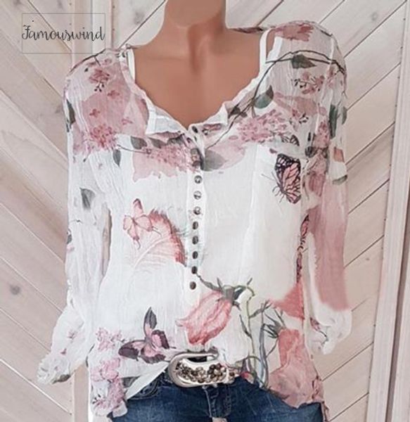 

весной 2019 рубашки мода шифон v-образным вырезом женщин блузка с длинным рукавом цветочный плюс размер top повседневный sexy lady офис blus, White