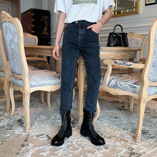 

men jeans vintage slim fit high waist casual jeans male streetwear hip hop fashion denim pencil pants retro cowboy trousers, Blue