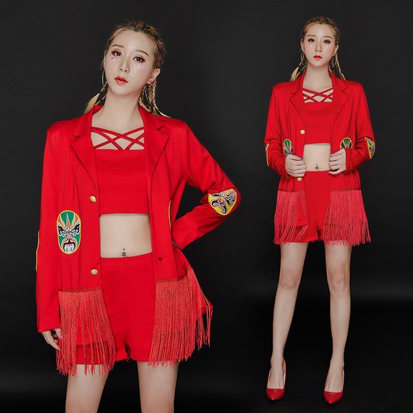 

nightclub dj costume female singer clothes birthday party suits red fringe 3pcs set gogo pole dance ensemble femme bi679, Black;red