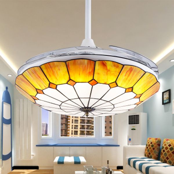 36w Tiffany Ceiling Fan Lamp Blue Multi Color Glass Shade Pendant Light Remote Control Tiffany Hanging Light Fixture Foam Pack Pendant Light Pendants