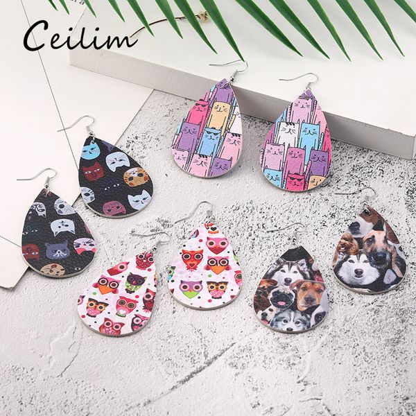 

animal cat dog owl printig pu leather earrings for women leather dangle drop earrings waterdrop earing party designer jewelry gift, Golden