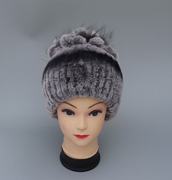 

new knitted genuine natural rex fur hat cap headgear headdress women warmer skullies wholesale, Blue;gray