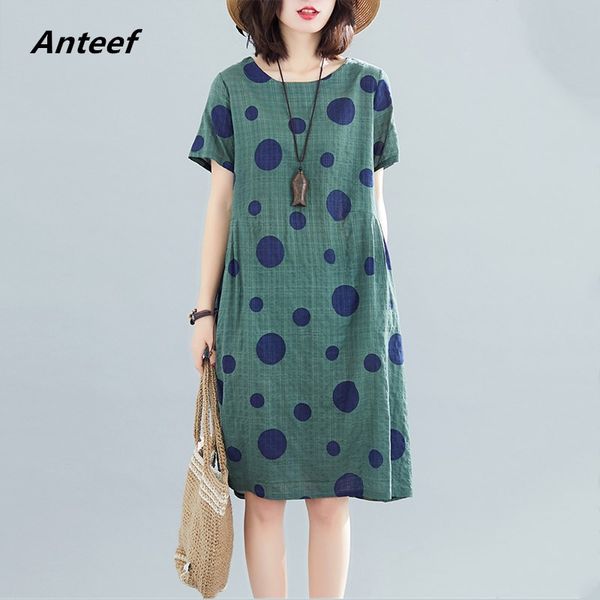 

cotton linen plus size vintage polka dot women casual loose midi summer dress elegant clothes 2020 ladies dresses sundress, Black;gray