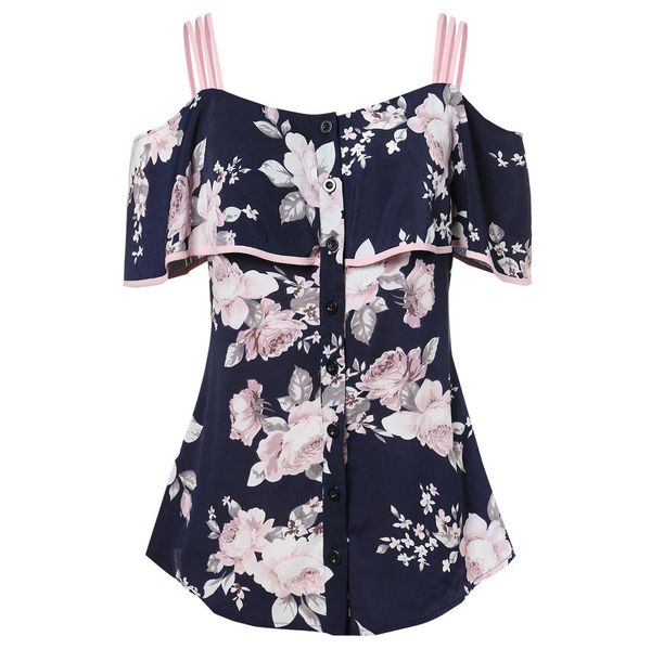 

feitong women off shoulder blouse summer button floral printing shirt cold shoulder casual blouse blusas femininas, White