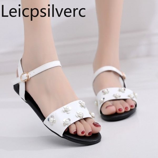 

women's sandals summer the new fashion flower pearl front & rear strap open toe buckle flat women's shoes plus size 32-43, Black