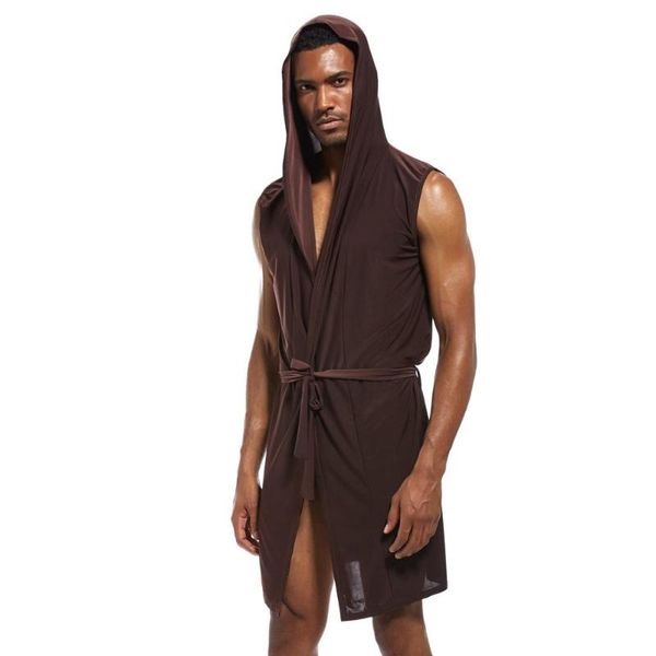 

summer men casual bathrobe long robe soft nightgown sleeveless hooded bathing robe sleepwear male plus size nightwear pajamas, Black;brown