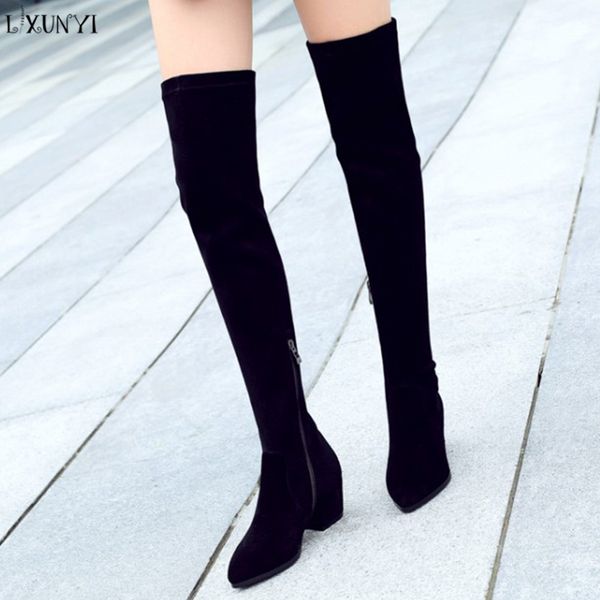 

lxunyi 2018 new women boots autumn winter slim thigh high boots stretch faux suede over the knee high heels shoes woman, Black