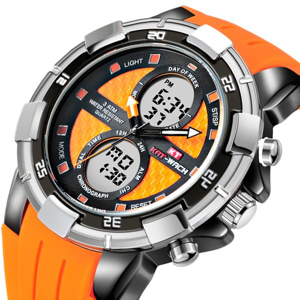 

kat-wach men's alloy double display sports electronic watch multi-function fashion watch chronograph week calendar luminous male, Slivery;brown