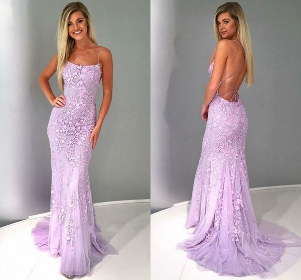 

lilac lace mermaid 2019 prom dresses spaghetti straps tulle backless long evening gowns formal dresses sweep train, Black