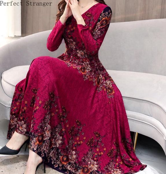 

plus size s-3xl 2019 spring new arrival fashion v collar flower printed long sleeve woman long dress, Black;gray