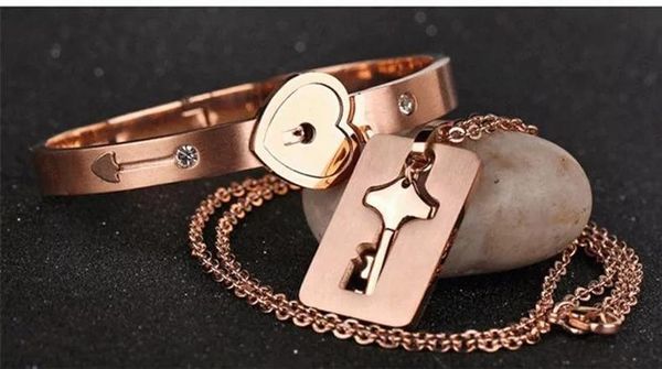 

19pcs set new stainless steel silver love heart lock bangle bracelet matching key tag pendant necklace couple set